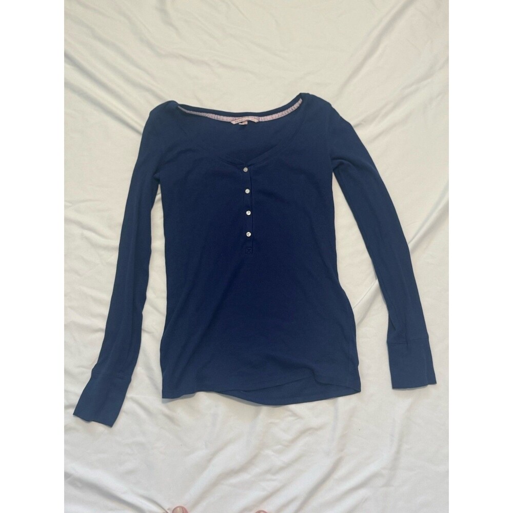 Victoria's Secret Ribbed Henley Top Navy Blue Long Length Womens M Tall